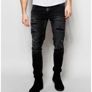 Nudie Jeans Lean Dean Slim Tapered Fit Deep Black Worn Distressed